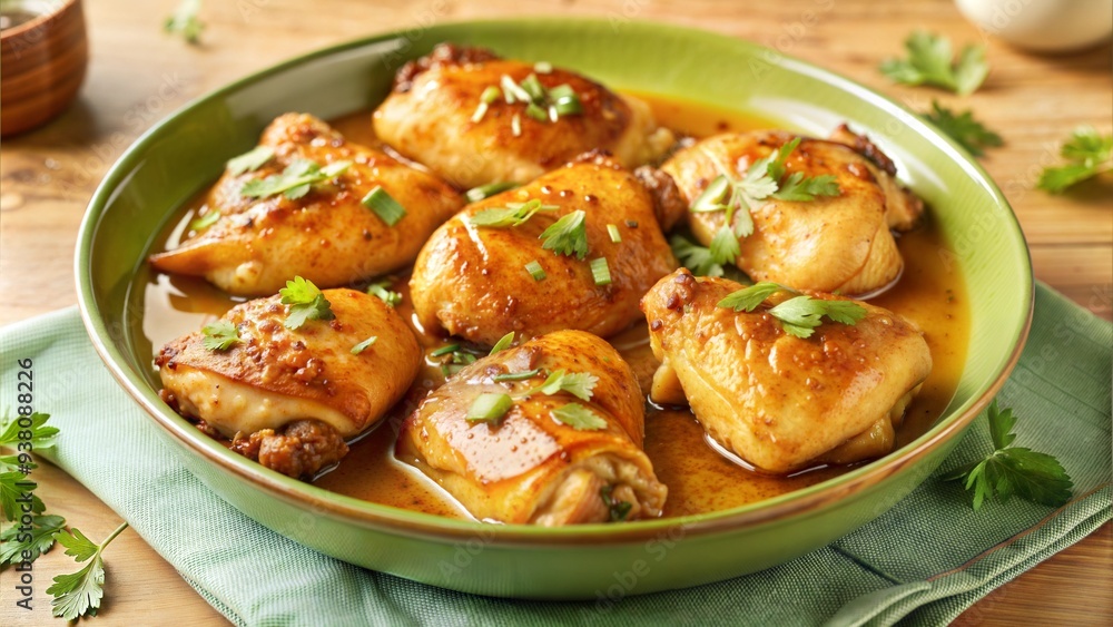 Fried Chicken Thighs in Garlic Sauce on a Table, savory and crispy, gourmet meal setting with copy space Fried Chicken Thighs in Garlic Sauce on a Table, savory and crispy, gourmet meal setting with copy space