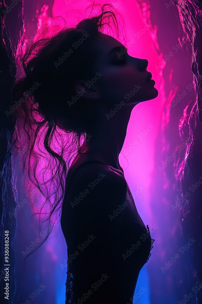 Silhouette of girl in neonlit cave, glowing pink and blue hues, mysterious and ethereal atmosphere Silhouette of girl in neonlit cave, glowing pink and blue hues, mysterious and ethereal atmosphere