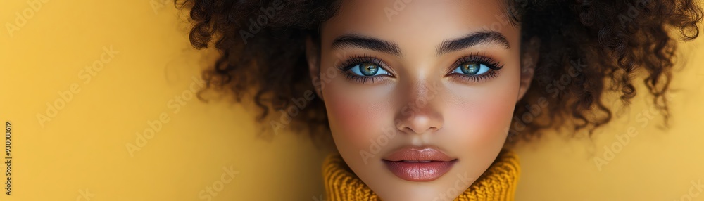 Woman in mustard sweater, curly hair, yellow background, soft lighting, calm expression, centered closeup Woman in mustard sweater, curly hair, yellow background, soft lighting, calm expression, centered closeup