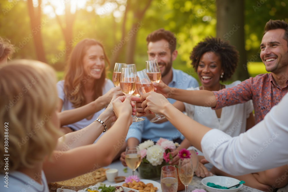 Joyful Office Summer Party: Diverse Colleagues Toast with Rosé Wine Amidst Lush Greenery and Festive Decor Joyful Office Summer Party: Diverse Colleagues Toast with Rosé Wine Amidst Lush Greenery and Festive Decor