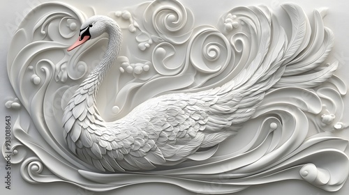 142. **A 3D render of a ceramic tile art featuring a graceful swan with intricate feather designs, isolated on a white background