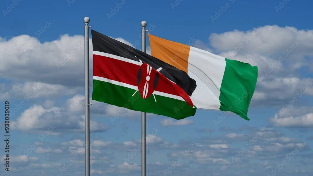 Ivory Coast or Cote d'Ivoire and Kenya flags flying together, video concept of the relationship, two country cooperation concept Ivory Coast or Cote d'Ivoire and Kenya flags flying together, video concept of the relationship, two country cooperation concept