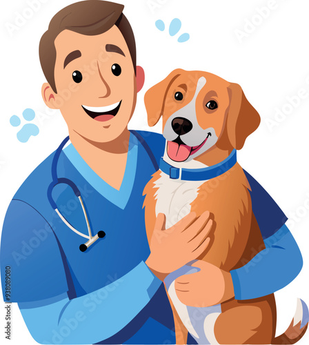 Veterinarian holding smiling beagle dog at vet clinic