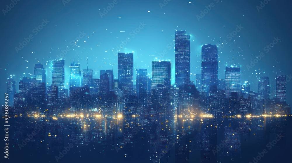 Obraz premium blue city skyline with buildings and lights in the background