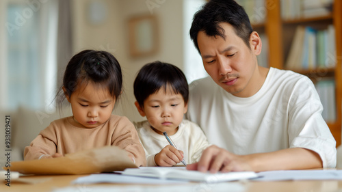 Father helping two young children with schoolwork at home. Family bonding and education in a cozy setting. Love and support from a parent.