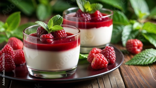 Milk Soufflé Dessert with Raspberry Jelly, garnished with fresh raspberries on a table, elegant presentation with copy space