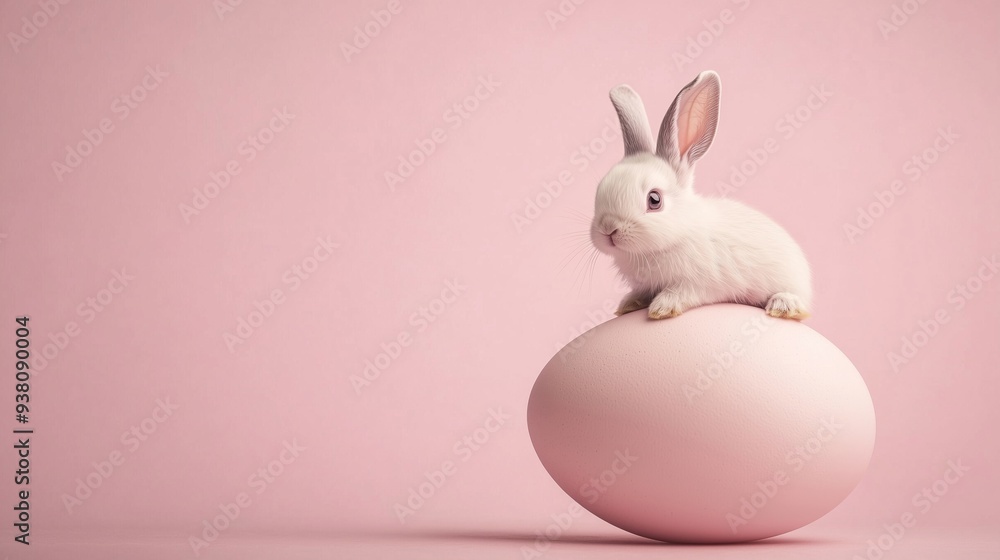 An Adorable Rabbit Resting on a Soft Pink Easter Egg in Spring An Adorable Rabbit Resting on a Soft Pink Easter Egg in Spring
