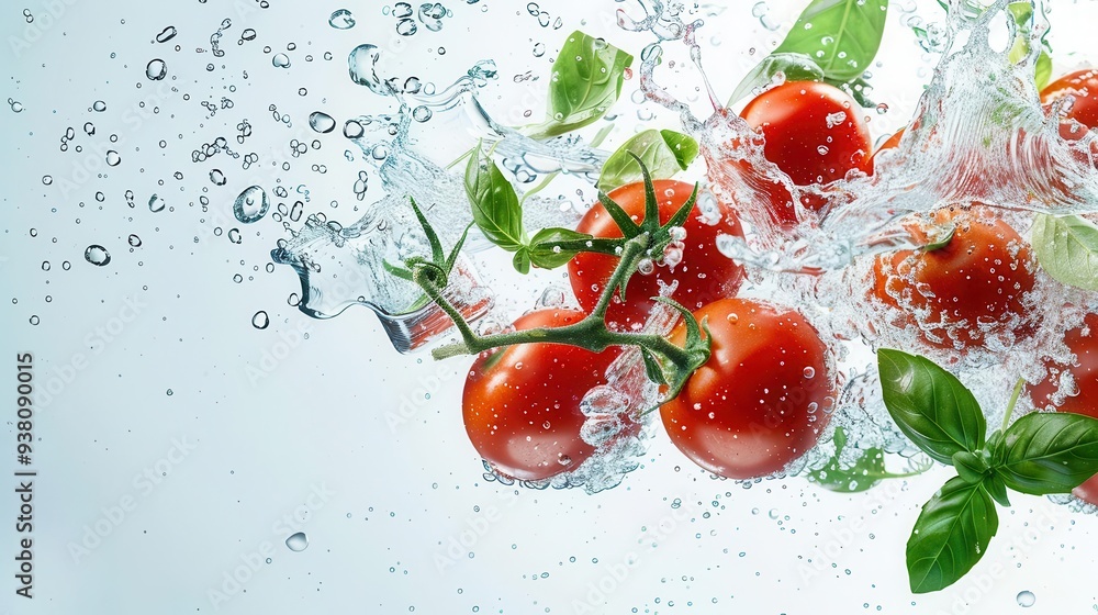 Fresh tomatoes and basil splash into water, creating a vibrant, refreshing scene. Fresh tomatoes and basil splash into water, creating a vibrant, refreshing scene.