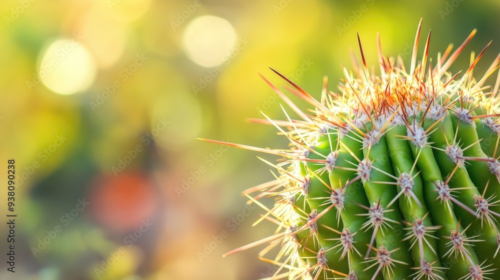 Close-up of a vibrant green cactus plant with sharp spines, desert vegetation and arid landscape, space for text Close-up of a vibrant green cactus plant with sharp spines, desert vegetation and arid landscape, space for text