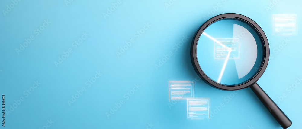 Magnifying glass examining documents against a blue background, symbolizing analysis, research, and attention to detail in a modern digital context. Magnifying glass examining documents against a blue background, symbolizing analysis, research, and attention to detail in a modern digital context.