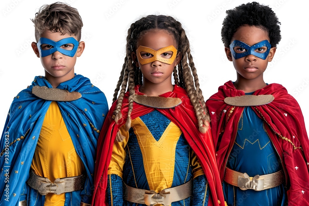Obraz premium Three Confident Children in Superhero Attire Transparent Background