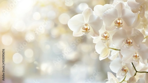 Close-up of blooming white orchids, elegant floral background with soft light, and copy space for text