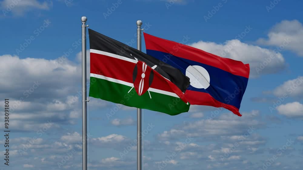 Laos and Kenya flags flying together, video concept of the relationship, two country relations concept Laos and Kenya flags flying together, video concept of the relationship, two country relations concept