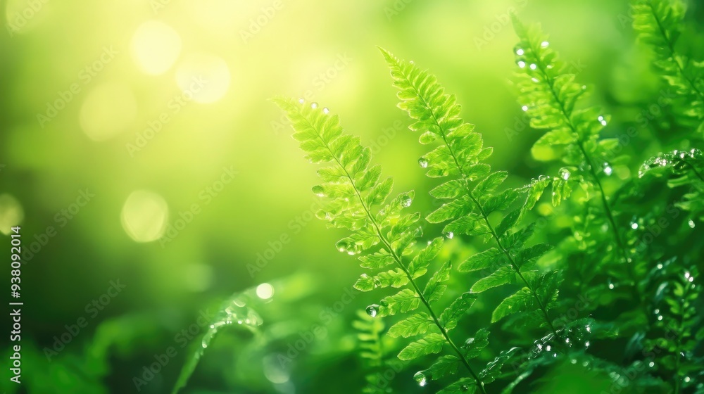 Close-up of green fern leaves with dew drops in the morning light, nature background with copy space, freshness concept Close-up of green fern leaves with dew drops in the morning light, nature background with copy space, freshness concept