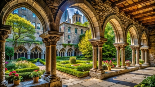 Ancient stone archways and tranquil gardens of a peaceful medieval monastery nestled in upper Manhattan, offering a serene escape from the bustling cityscape. photo