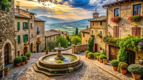 Ancient stone buildings and ornate fountains line picturesque cobblestone streets in a quaint Italian town, surrounded by rolling hills and vineyards. #938092077