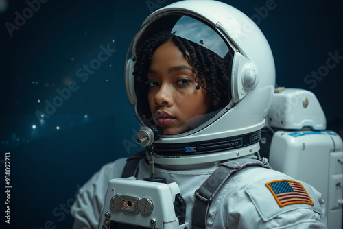 Empowering Black Female Astronaut in High-Tech Spacesuit: Inspiring STEM, Diversity, and Space Exploration