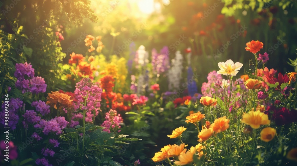 Colorful summer flowers in full bloom, lush garden with vibrant petals and green leaves, warm sunlight filtering through the trees, peaceful nature scene Colorful summer flowers in full bloom, lush garden with vibrant petals and green leaves, warm sunlight filtering through the trees, peaceful nature scene