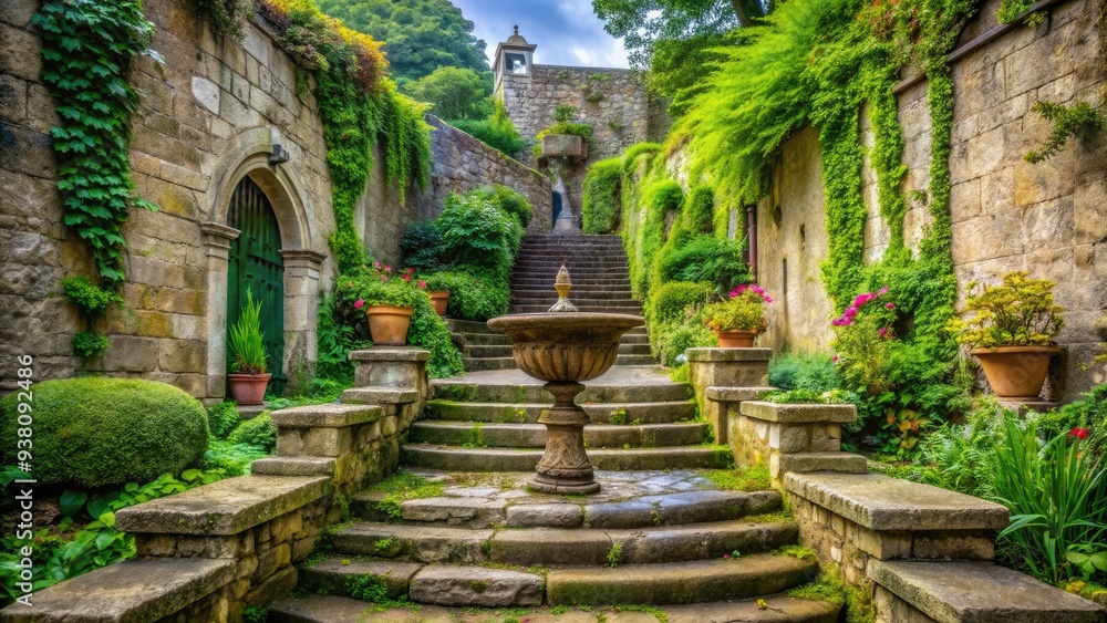 Ancient stone steps lead up to a beautiful ornate font surrounded by lush greenery and old stone walls in a peaceful outdoor setting. Ancient stone steps lead up to a beautiful ornate font surrounded by lush greenery and old stone walls in a peaceful outdoor setting.
