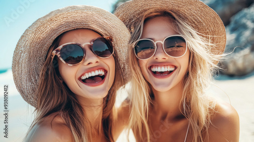 Two Women Smiling at the Beach in Summer Hats and Shades