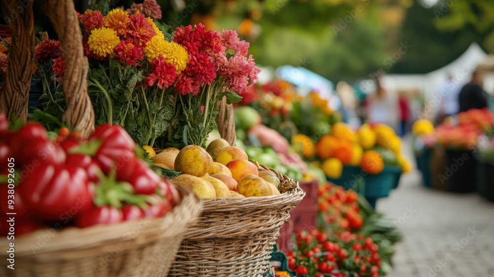 Farmers market with baskets of fresh produce, vibrant summer vegetables, fruits, and flowers on display, lively outdoor shopping scene Farmers market with baskets of fresh produce, vibrant summer vegetables, fruits, and flowers on display, lively outdoor shopping scene