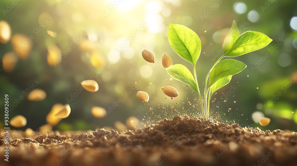 A seedling is growing in the dirt with a few seeds scattered around it. Concept of growth and new beginnings A seedling is growing in the dirt with a few seeds scattered around it. Concept of growth and new beginnings