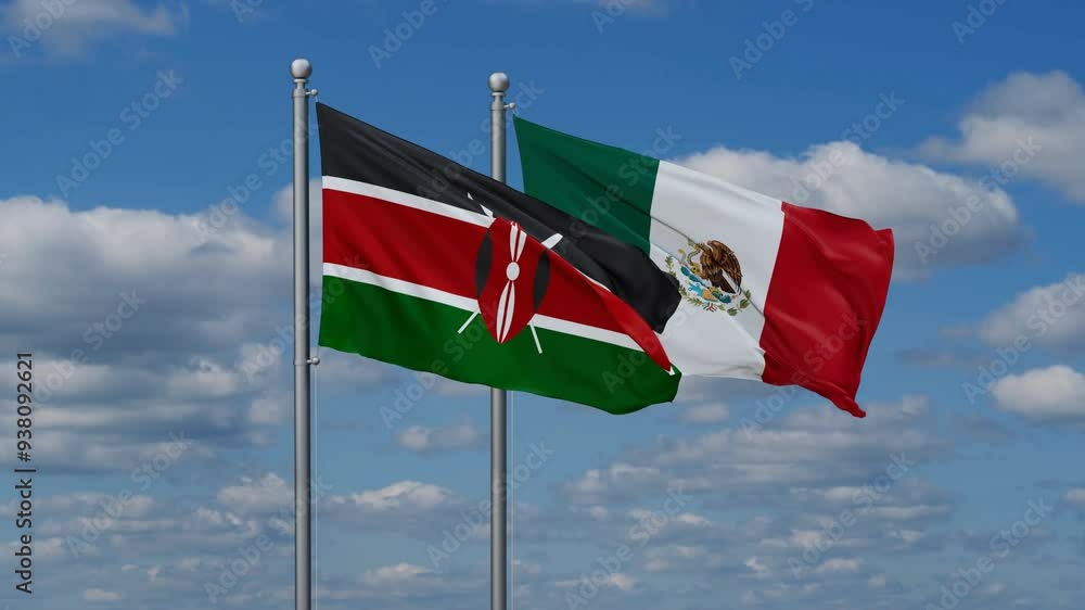 Mexico and Kenya flags flying together, video concept of the relationship, two country relations concept Mexico and Kenya flags flying together, video concept of the relationship, two country relations concept