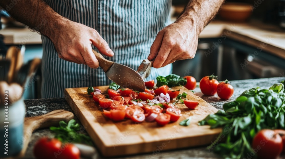 Chef Preparing Fresh Vegetables on Cutting Board Chef Preparing Fresh Vegetables on Cutting Board