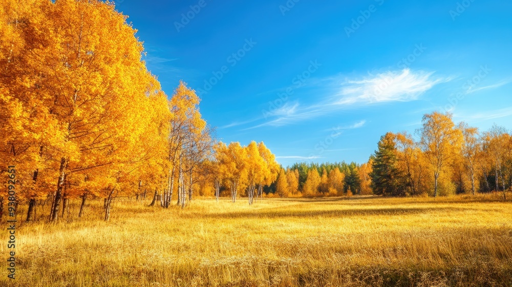 Fototapeta premium Golden autumn landscape with colorful trees and a clear blue sky, seasonal beauty and nature retreat, scenic view