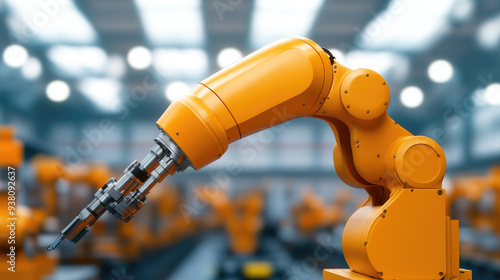 Industrial automation robot arm, vibrant orange machinery designed for precise assembly tasks, situated in a modern manufacturing environment filled with similar robots. photo