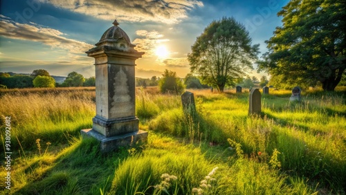 Ancient weathered stone monument stands solemnly amidst overgrown grass and weeds, casting long shadows across a forgotten grave in a rural countryside cemetery. photo