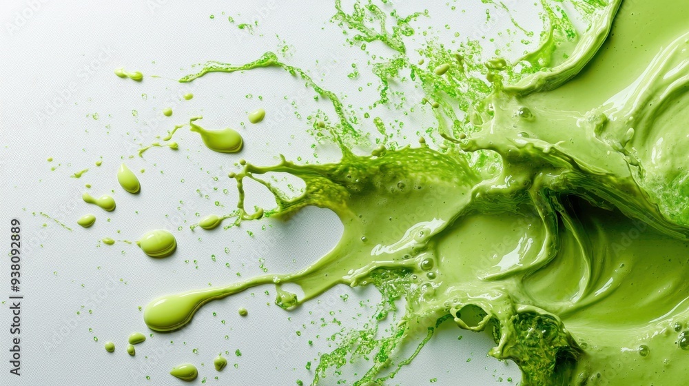 Obraz premium Matcha splashes on a pristine white surface, creating vibrant liquid patterns that embody the concept of health and wellness.