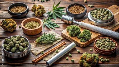 A neatly arranged assortment of various strains of legal recreational cannabis, displayed on a wooden table alongside rolling papers and a cannabis grinder. photo