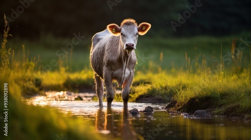 Cow Walking in Sunlit Stream photo