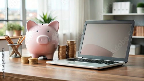 A neatly organized desk with a laptop, piggy bank, and stacks of coins and bills, representing efficient personal banking and financial management.