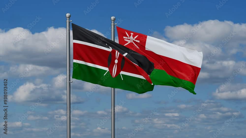 Oman and Kenya flags flying together, video concept of the relationship, two country cooperation concept Oman and Kenya flags flying together, video concept of the relationship, two country cooperation concept