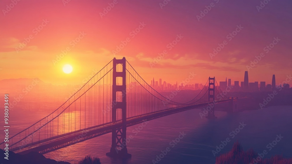 Golden bridge at sunset with a city skyline in the background, iconic landmark and urban landscape, scenic view Golden bridge at sunset with a city skyline in the background, iconic landmark and urban landscape, scenic view