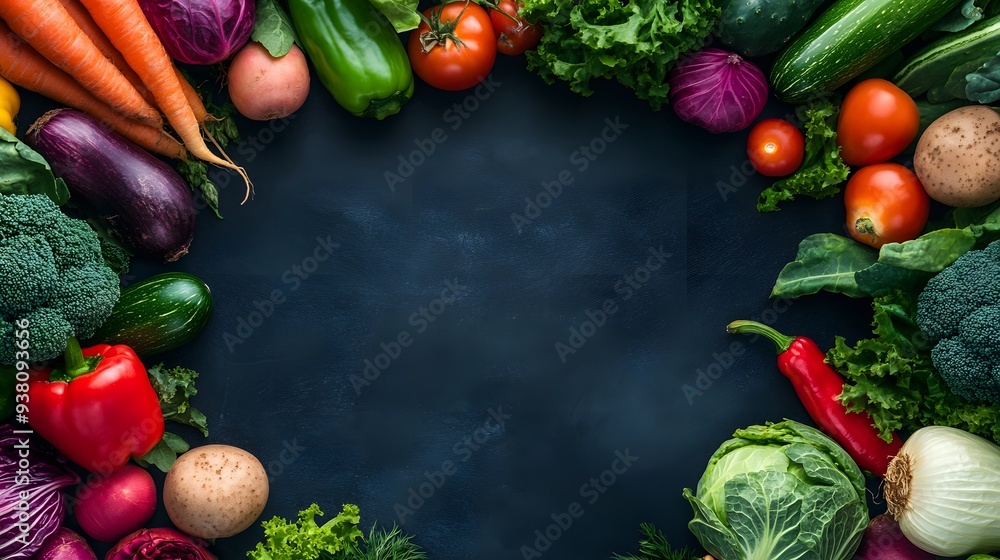 A black background with a variety of vegetables including tomatoes, onions A black background with a variety of vegetables including tomatoes, onions