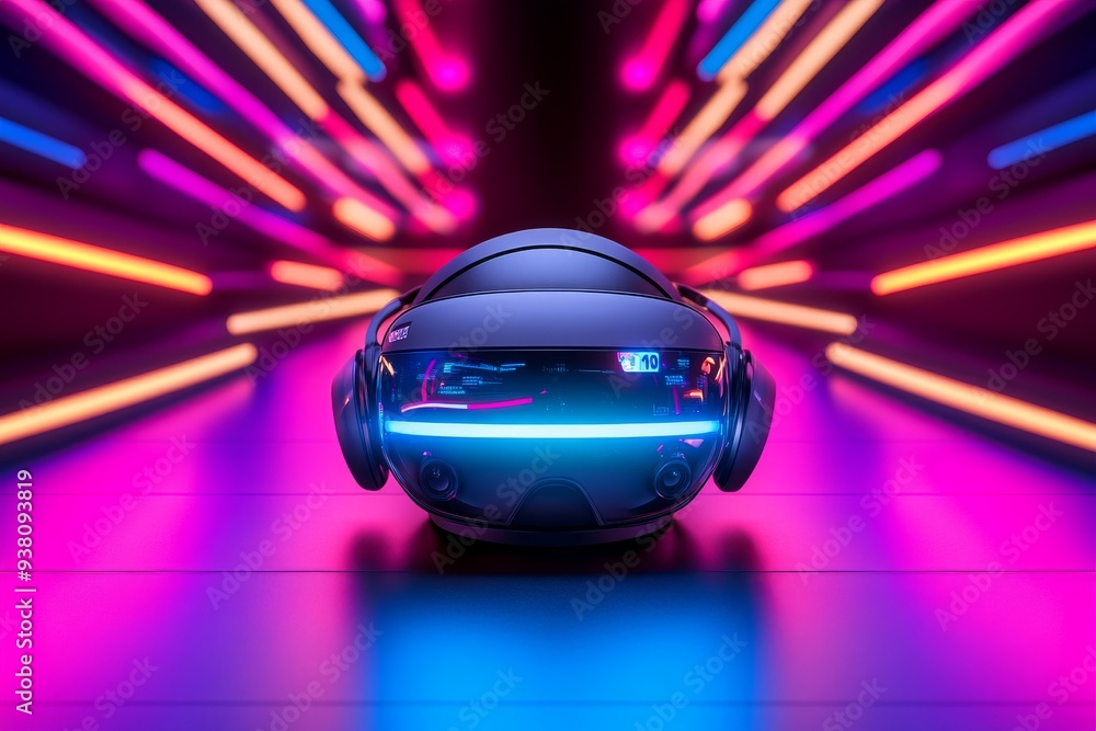 Spherical VR Device Surrounded by Neon Lights Highlighting the Dynamic and Immersive Experience of Modern Virtual Reality Technology Spherical VR Device Surrounded by Neon Lights Highlighting the Dynamic and Immersive Experience of Modern Virtual Reality Technology