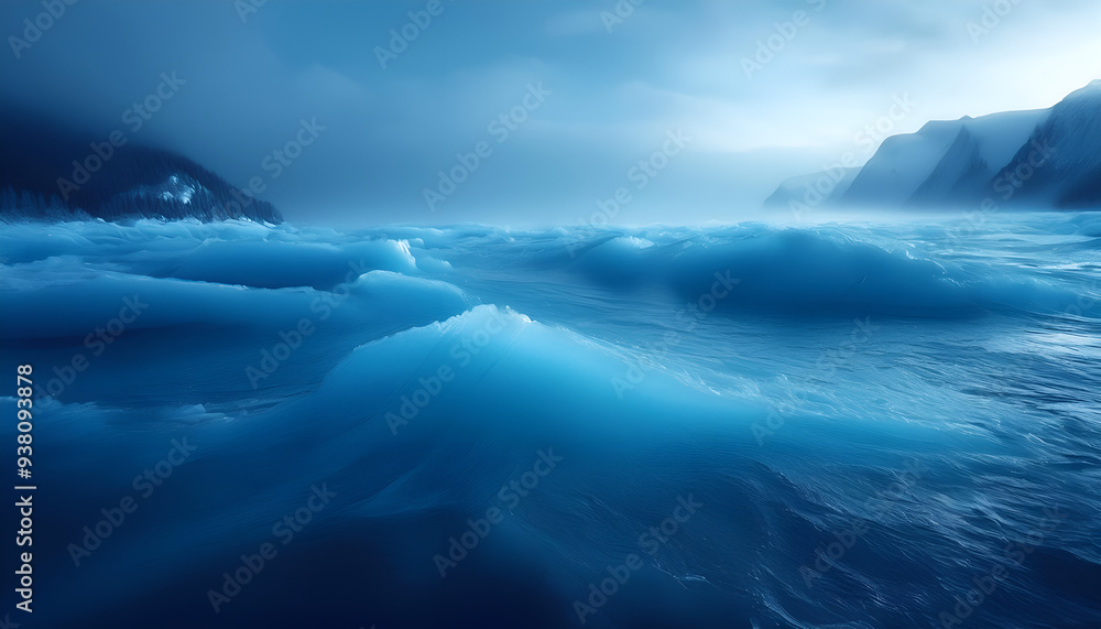 Misty blue ocean waves gently rolling toward distant mountain cliffs at dusk in a serene coastal landscape Misty blue ocean waves gently rolling toward distant mountain cliffs at dusk in a serene coastal landscape