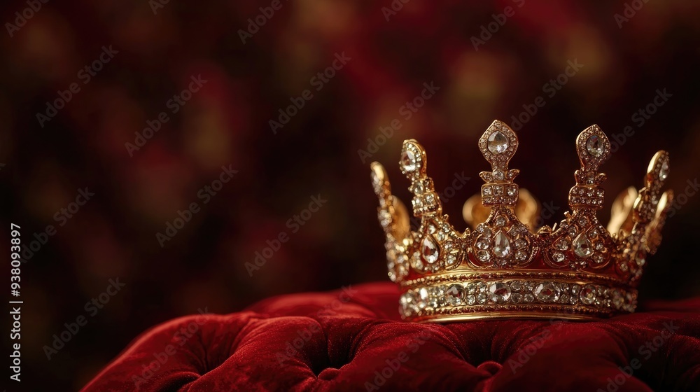Obraz premium Golden crown with jewels on a red velvet cushion, royal symbolism and luxury concept, elegant background