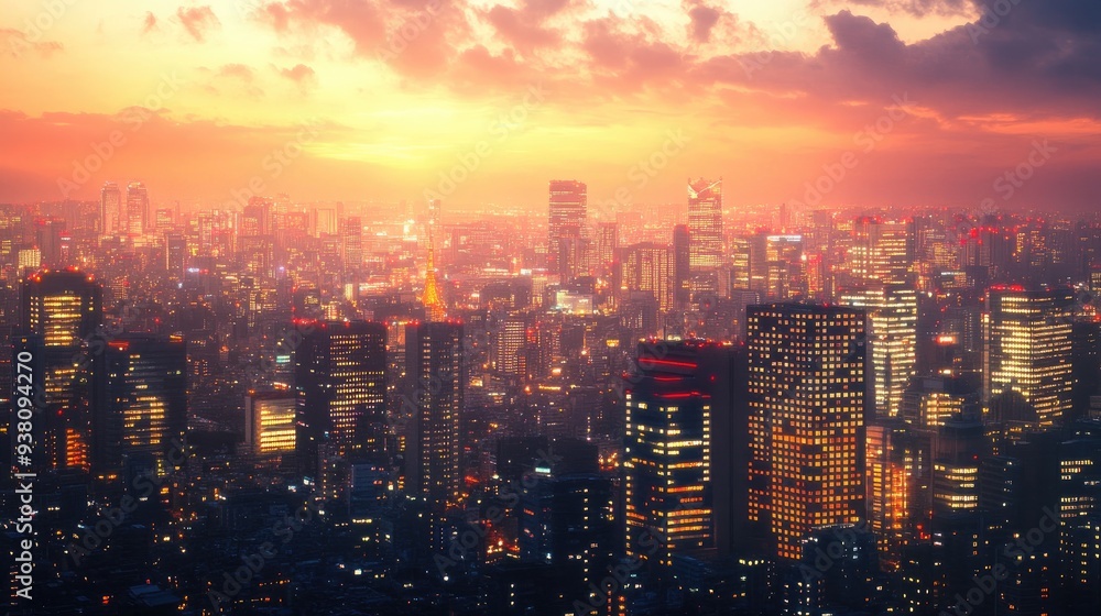 Golden hour in a bustling city skyline, illuminated skyscrapers and urban landscape, twilight view with space for text Golden hour in a bustling city skyline, illuminated skyscrapers and urban landscape, twilight view with space for text