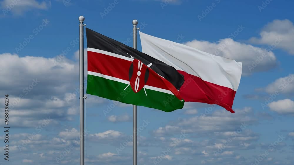 Poland and Kenya flags flying together, video concept of the relationship, two country cooperation concept Poland and Kenya flags flying together, video concept of the relationship, two country cooperation concept