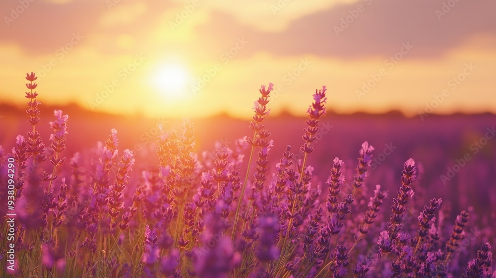 Naklejka premium Golden hour in a lavender field with blooming flowers, peaceful nature retreat and serene evening, landscape view with space for t