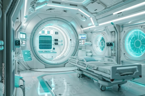 Futuristic hospital room with advanced medical technology and bright teal accents