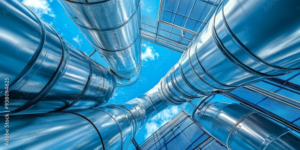 Heavy-duty steel pipelines forming a complex grid in an outdoor chemical plant, metallic textures and industrial design under a bright blue sky Heavy-duty steel pipelines forming a complex grid in an outdoor chemical plant, metallic textures and industrial design under a bright blue sky