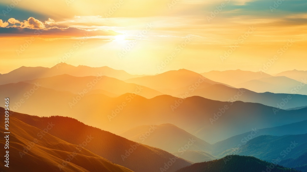 Golden hour over a mountain range, warm hues and scenic beauty, nature landscape with space for text Golden hour over a mountain range, warm hues and scenic beauty, nature landscape with space for text