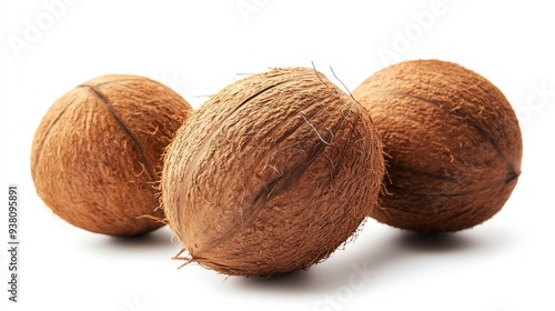 Three whole coconuts isolated on white background.