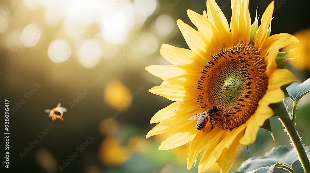 Naklejka premium Close up photograph showcasing a vibrant sunflower in full bloom surrounded by busy bees pollinating the flower in a natural outdoor setting