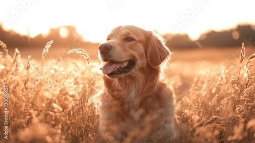 Golden retriever playing in a field of tall grass, joyful pet and outdoor fun, nature adventure and playful moment captured photo